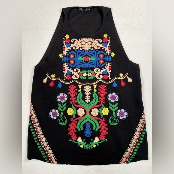 ZARA Women’s High Neck Crepe Aztec Tank Top Southwest Boho Colorful Folk Art S - Picture 2 of 11